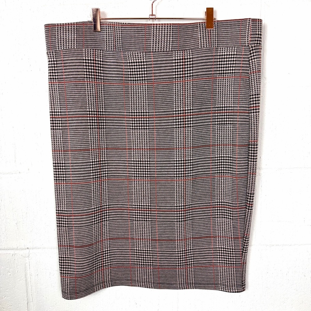 Olivia Blu Pencil Skirt Brown Plaid Stretch Slit Lightweight Office Career 2X